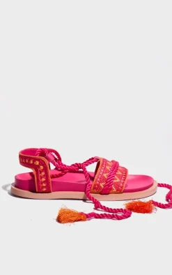 Pink and Orange Pu Round Toe Embroidery Strap Lace Up Sandals