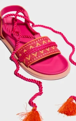 Pink and Orange Pu Round Toe Embroidery Strap Lace Up Sandals