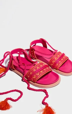 Pink and Orange Pu Round Toe Embroidery Strap Lace Up Sandals