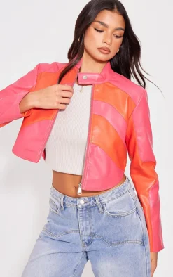 Pink Asymmetric Lines Faux Leather Crop Jacket