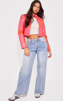 Pink Asymmetric Lines Faux Leather Crop Jacket