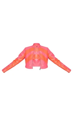 Pink Asymmetric Lines Faux Leather Crop Jacket