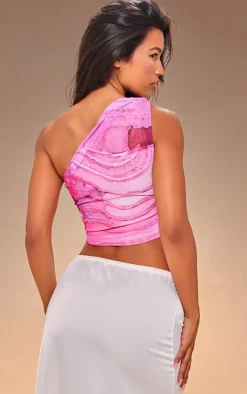 Pink Asymmetric Printed Crop Top