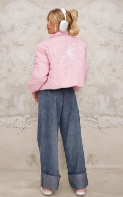 Pink Back Bow Detail Cropped Puffer Jacket