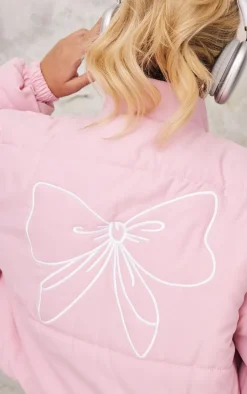Pink Back Bow Detail Cropped Puffer Jacket