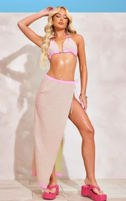 Pink Beads Trim Knitted Maxi Sarong