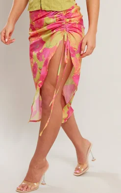 Pink Blurred Floral Print Woven Ruched Detail Midi Skirt