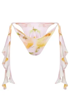 Pink Blurred Floral Print Ruffle Tie Side Bikini Bottoms