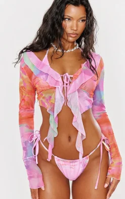 Pink Blurred Print Frill Mesh Beach Top