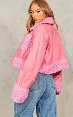 Pink Borg Pocket Front Faux Leather Cropped Coat