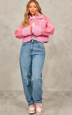 Pink Borg Pocket Front Faux Leather Cropped Coat