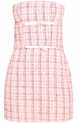 Pink Boucle Bandeau Bow Detail Mini Dress
