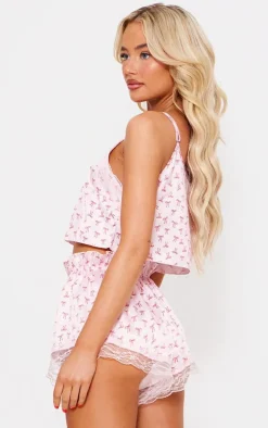 Pink Bow Print Cropped Lace Trim Satin Cami And Short Pj Set