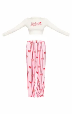 Pink Bow Stripe Print Long Pj Set