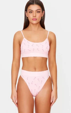 Pink Candy Cane Print Ribbed Scoop Neck Bralette