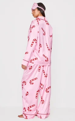 Pink Candy Cane Print Satin Long PJ Set