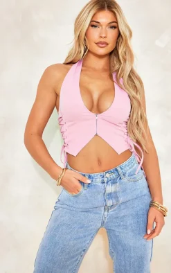 Pink Cargo Lace Up Side Zip Up Crop Top