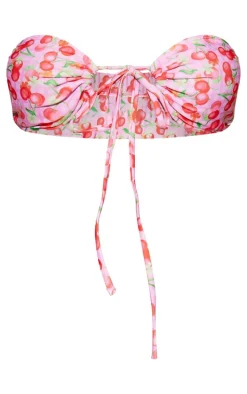 Pink Cherry Print Halter Neck Bikini Top