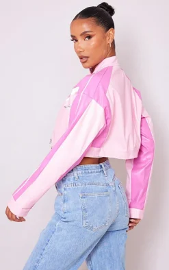 Pink Contrast Cropped Faux Leather Racer Jacket