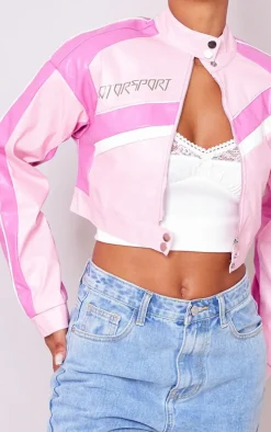 Pink Contrast Cropped Faux Leather Racer Jacket