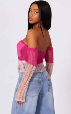 Pink Contrast Eyelash Knit Top With Sleeves