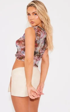Pink Crinkle Mesh Racer Printed Crop Top