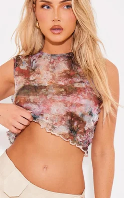 Pink Crinkle Mesh Racer Printed Crop Top