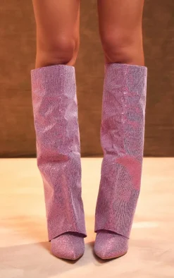 Pink Diamante Point Toe Fold Over Wedged Knee High Boots