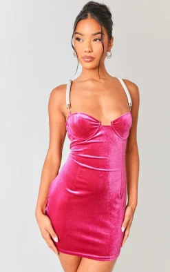 Pink Diamante Strap Velvet Underwire Bodycon Dress