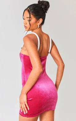 Pink Diamante Strap Velvet Underwire Bodycon Dress