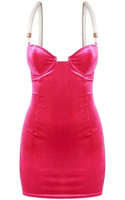 Pink Diamante Strap Velvet Underwire Bodycon Dress