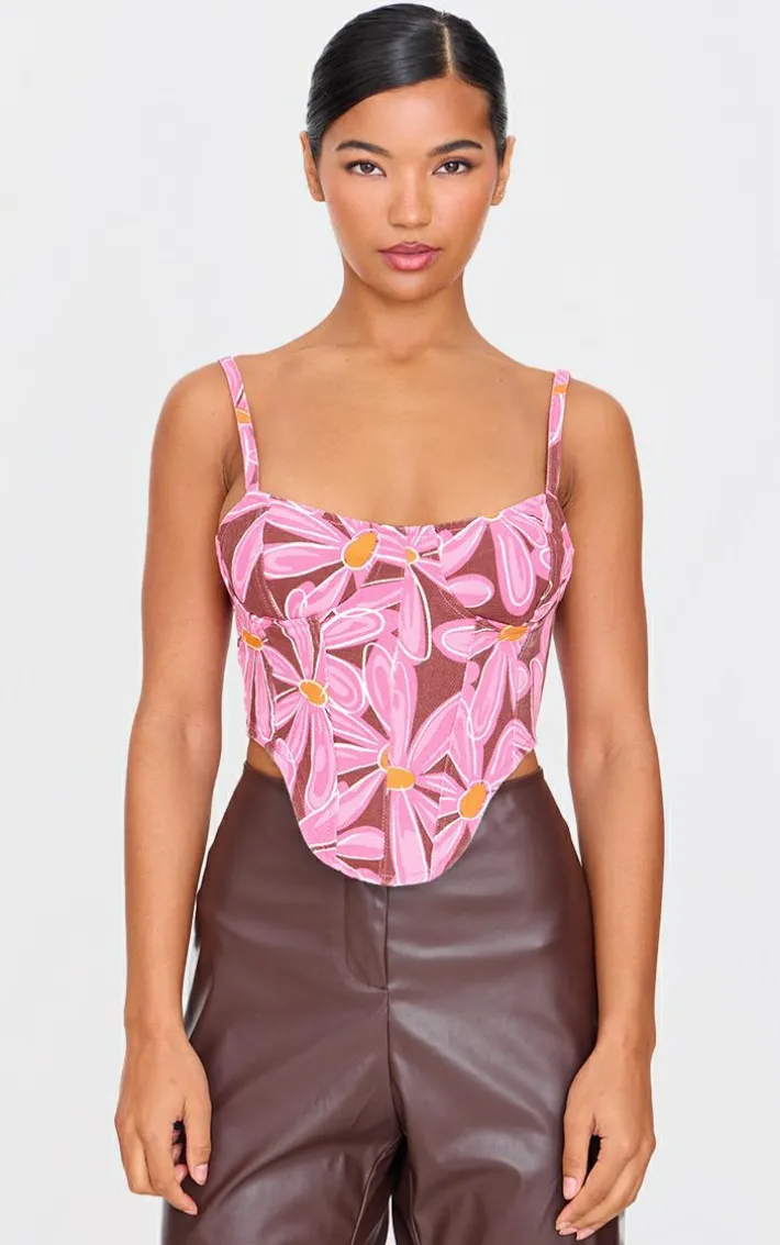 Pink Dipped Hem Flower Print Denim Corset