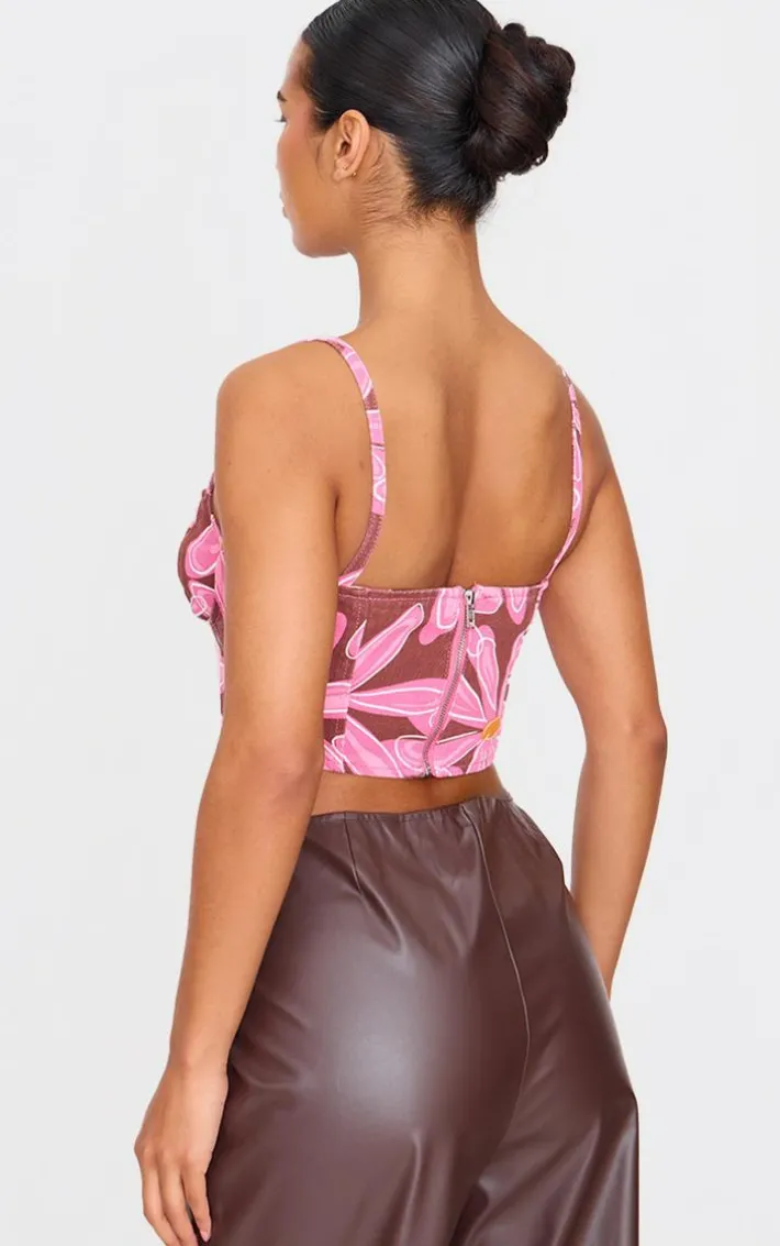 Pink Dipped Hem Flower Print Denim Corset