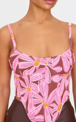 Pink Dipped Hem Flower Print Denim Corset