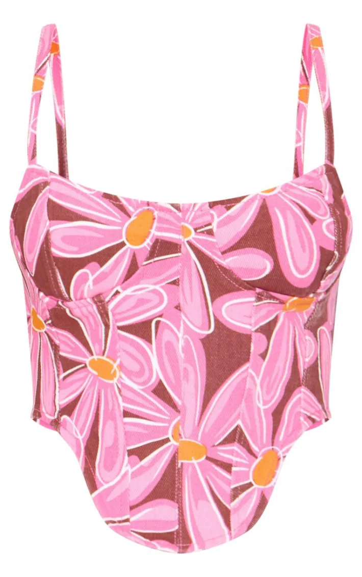 Pink Dipped Hem Flower Print Denim Corset