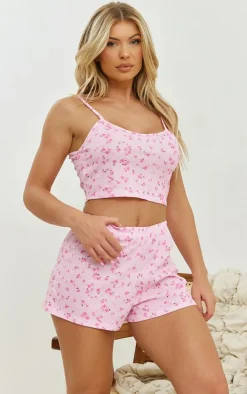 Pink Ditsy Floral Printed Rib Cami Short Pj Set