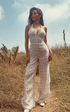 Pink Ditsy Floral Printed Halterneck Jumpsuit