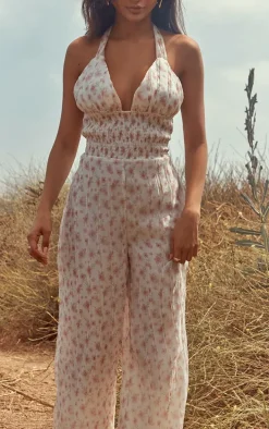 Pink Ditsy Floral Printed Halterneck Jumpsuit