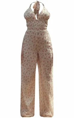 Pink Ditsy Floral Printed Halterneck Jumpsuit