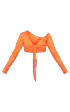 Pink Double Layer Abstract Print Mesh Tie Front Crop Top