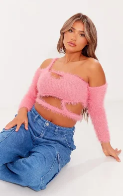 Pink Eyelash Knit Cut Out Long Sleeve Top