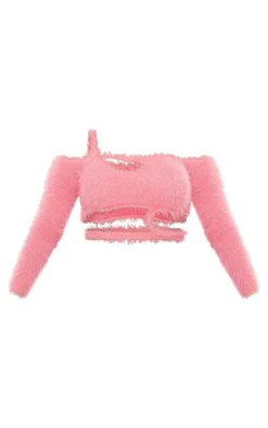 Pink Eyelash Knit Cut Out Long Sleeve Top