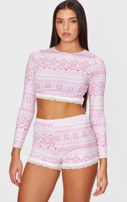 Pink Fairisle Print Lace Trim Short PJ Set