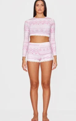 Pink Fairisle Print Lace Trim Short PJ Set