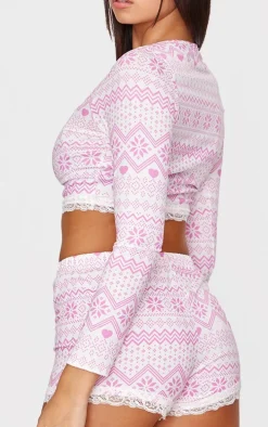 Pink Fairisle Print Lace Trim Short PJ Set