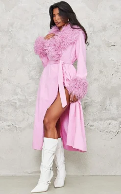 Pink Faux Fur Contrast Collar Self Tie Maxi Coat