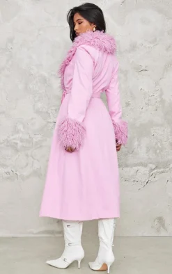 Pink Faux Fur Contrast Collar Self Tie Maxi Coat