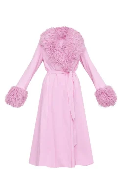Pink Faux Fur Contrast Collar Self Tie Maxi Coat