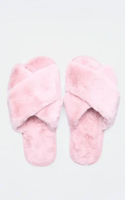 Pink Faux Fur Cross Over Slippers