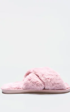 Pink Faux Fur Cross Over Slippers